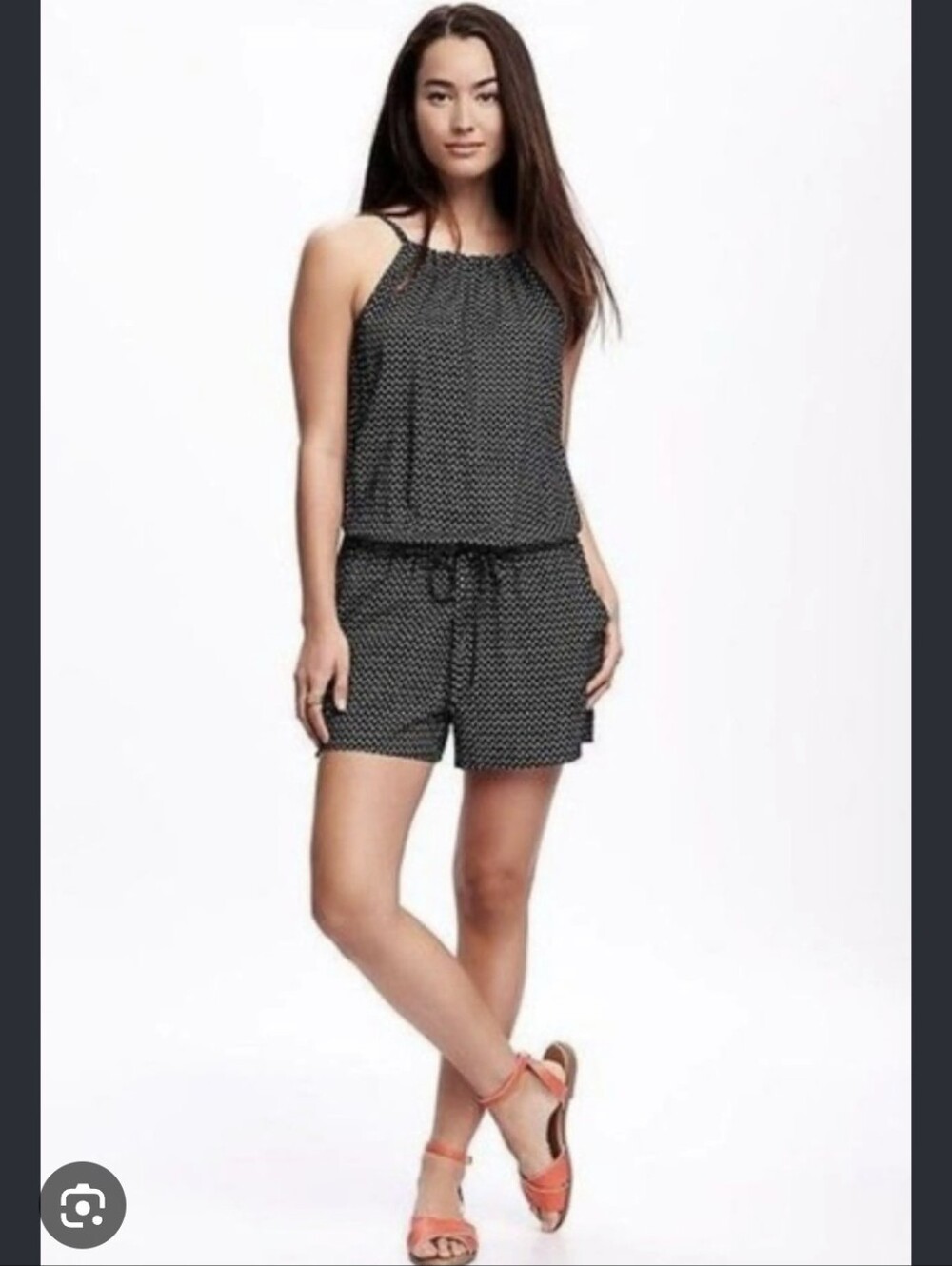 Old Navy Black Geo Halter Jumpsuit Romper with Drawstring Waist And Pockets